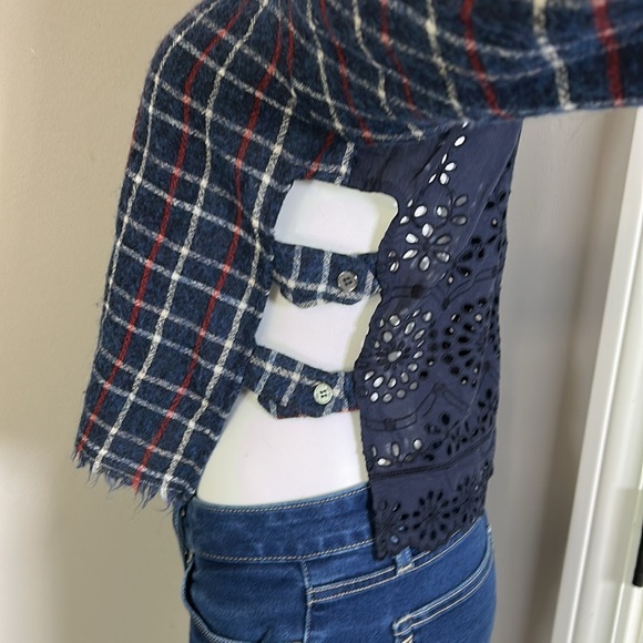 Sea New York Wool Plaid Crop Top Eyelet Lace Back Long Sleeve Navy Blue Sz 2 - Picture 6 of 13